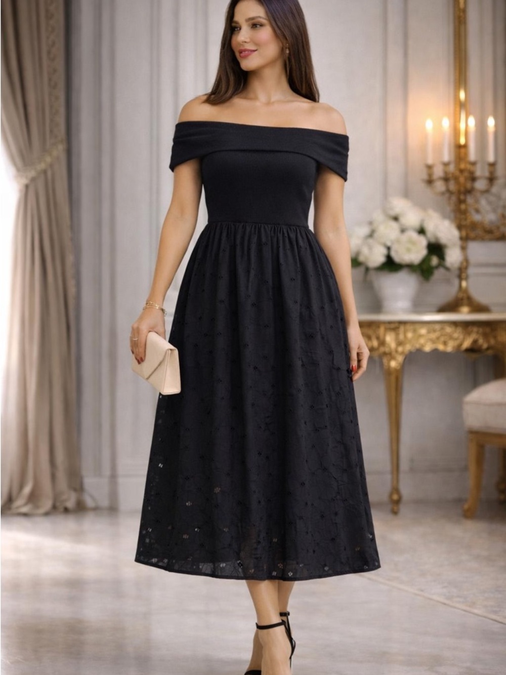 Off-Shoulder Black Midi Dress - Elegant Women's Evening Dress